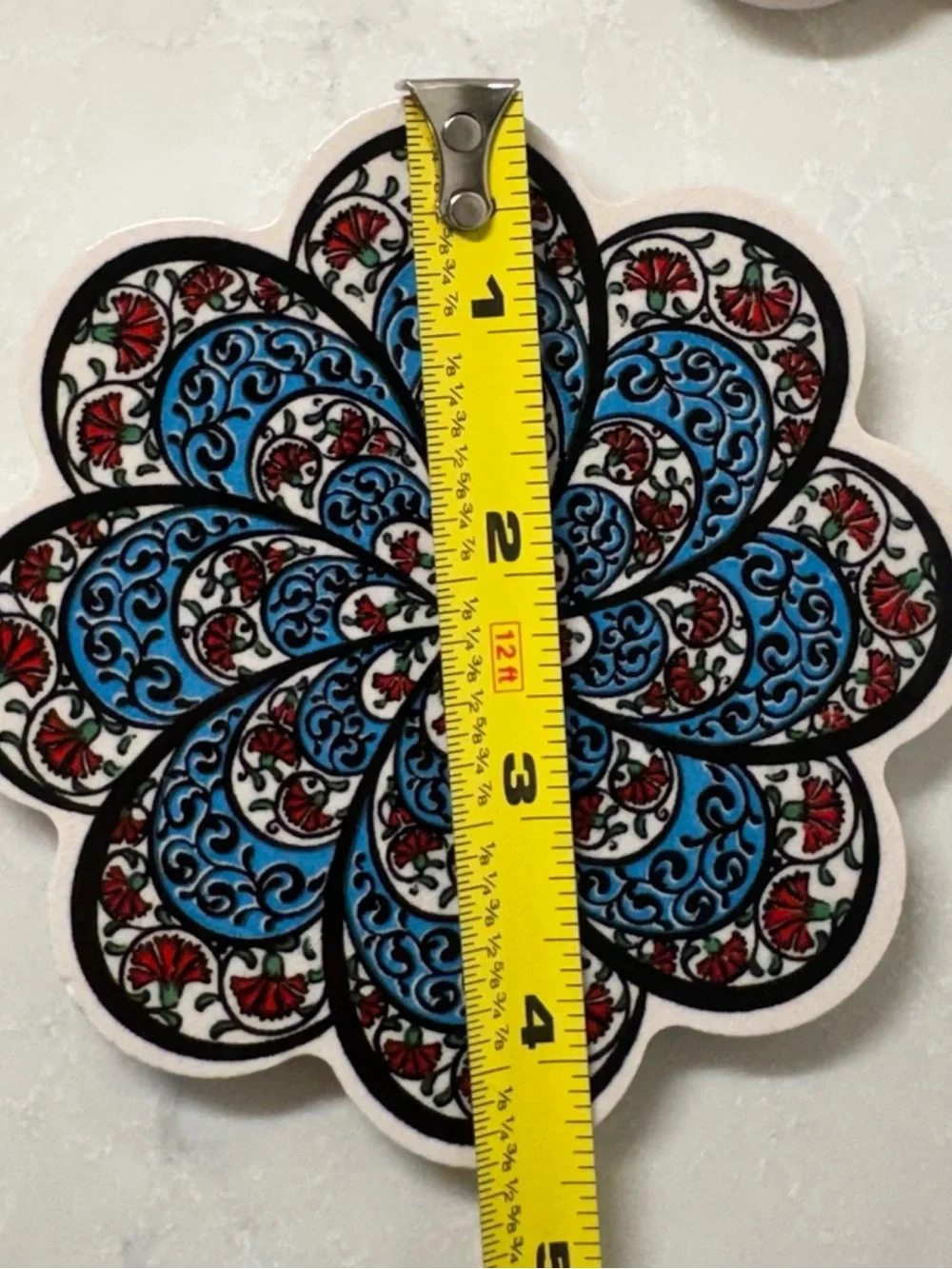 Set of 5 Turkish Floral Tile Coasters in Blue, Black & White Red Accents